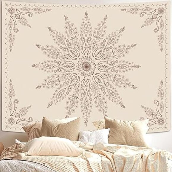Boho Mandala Tapestry Beige Aesthetic Wall Art Bedroom Dorm Vibes 40” x 30” inch - Picture 1 of 3